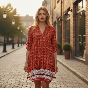 41 Hawthorn Cristen Shirt Dress Dandana Print Roll Tab Sleeve‎ Loose Fit